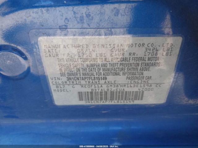 3N1CN7AP7FL815149 Nissan Versa 1.6 S/1.6 S+/1.6 Sl/1.6 Sv