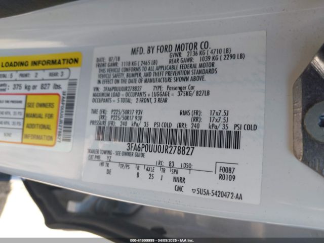 3FA6P0UU0JR278827 Ford Fusion Hybrid S