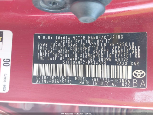 5YFBURHE7HP644369 Toyota COROLLA LE