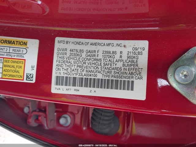 1HGCV1F33LA004100 Honda l15be