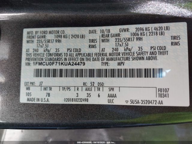 1FMCU0F71KUA24479 Ford ESCAPE S