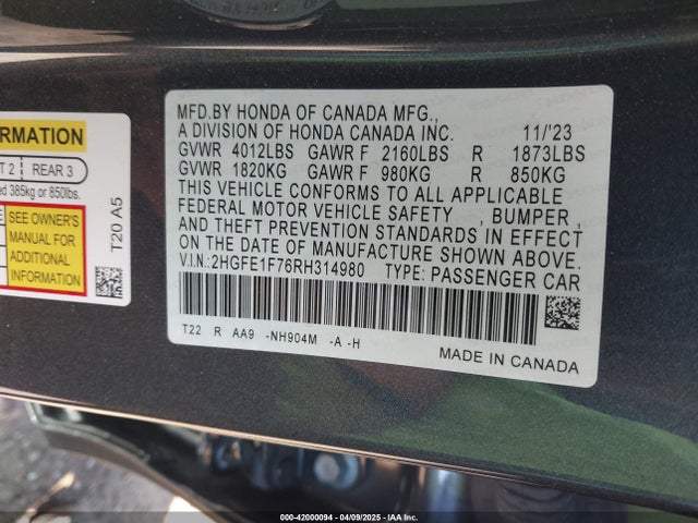 2HGFE1F76RH314980 Honda CIVIC EX