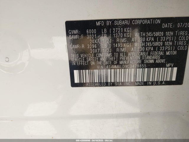4S4WMALD9L3478855 Subaru Ascent Limited