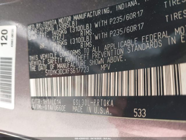 5TDYK3DCXFS617723 Toyota Sienna Xle Premium 8 Passenger