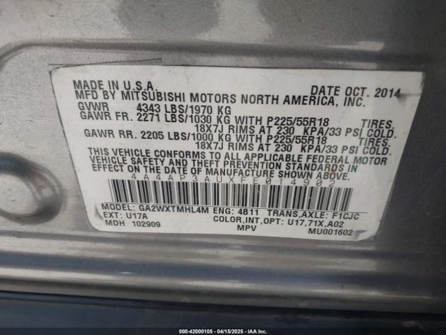4A4AP3AUXFE014902 Mitsubishi Outlander Sport Es