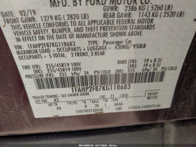 1FAHP2F87KG118683 Ford Taurus Limited