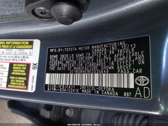 2T1BURHE9EC035649 Toyota COROLLA L