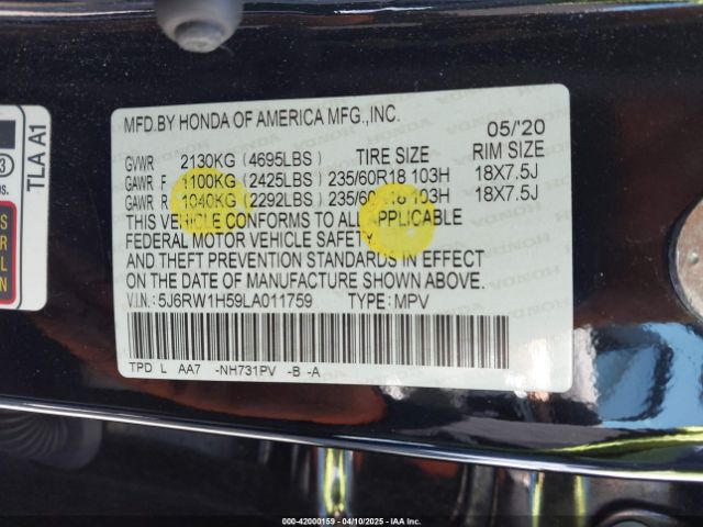5J6RW1H59LA011759 Honda Cr-v 2wd Ex