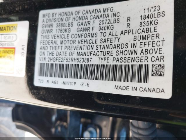 2HGFE2F53RH523887 Honda Civic Sport