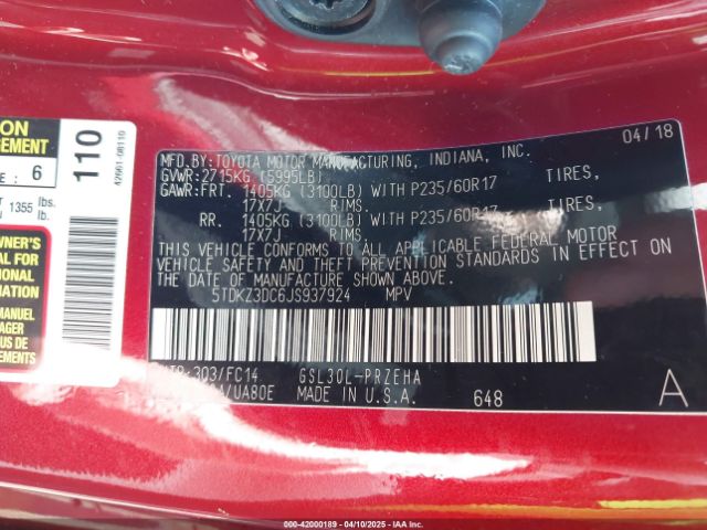 5TDKZ3DC6JS937924 Toyota Sienna Le 8 Passenger