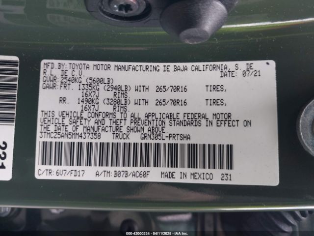 3TMCZ5AN5MM437358 Toyota Tacoma Trd Off-road
