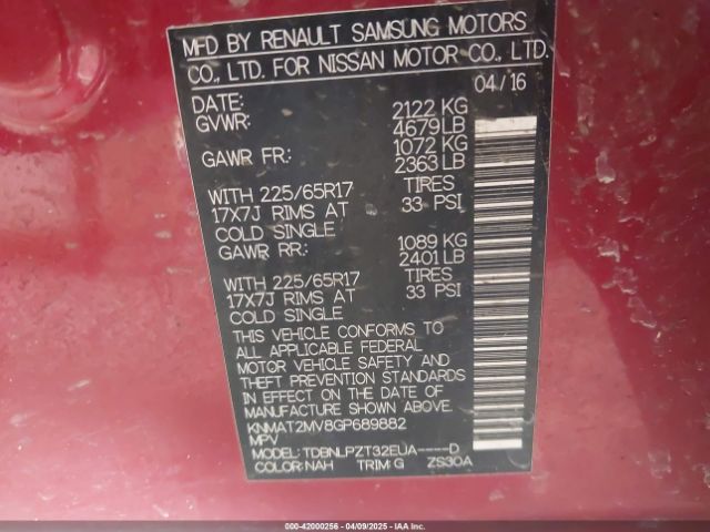 KNMAT2MV8GP689882 Nissan Rogue S/sl/sv