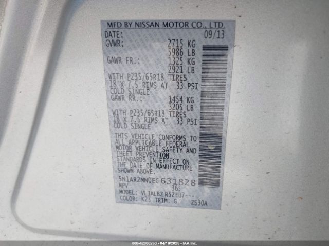 5N1AR2MN0EC631828 Nissan Pathfinder S