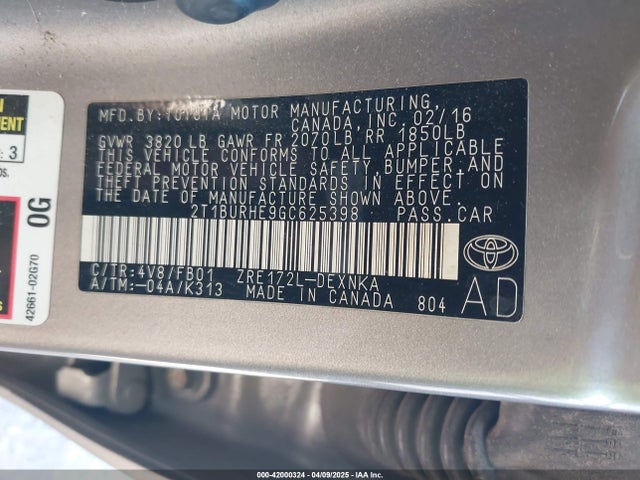 2T1BURHE9GC625398 Toyota COROLLA LE