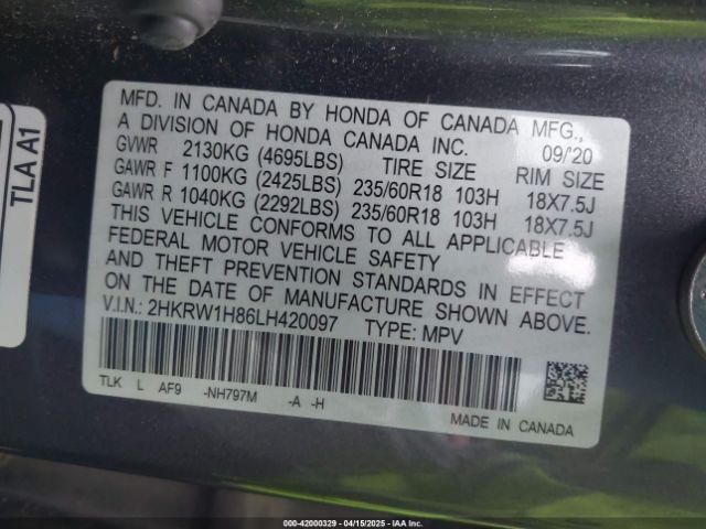 2HKRW1H86LH420097 Honda Cr-v 2wd Ex-l
