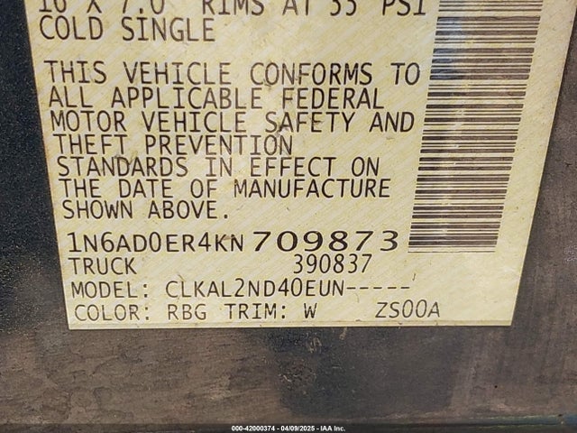 1N6AD0ER4KN709873 Nissan Frontier Sv