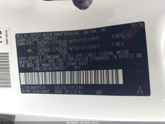 5TDKZ3DC0KS980821 Toyota Sienna Le 8 Passenger