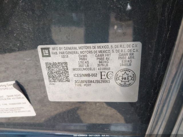 3G1BF6SM4JS629063 Chevrolet Cruze Premier Auto