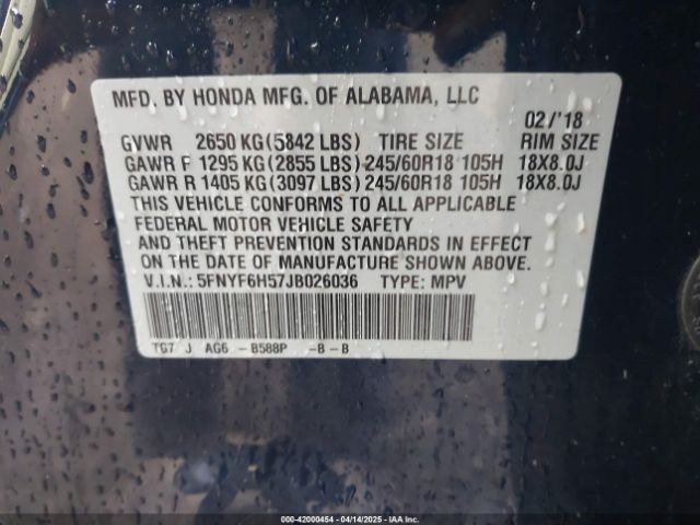 5FNYF6H57JB026036 Honda Pilot Ex-l