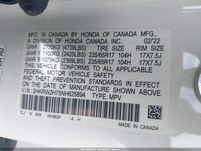 2HKRW2H75NH625894 Honda Cr-v Awd Special Edition