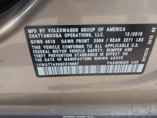 1VWAT7A33GC018687 Volkswagen Passat 1.8t S