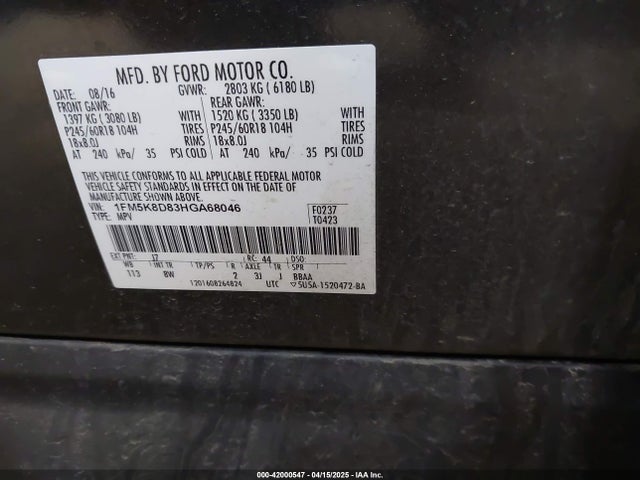 1FM5K8D83HGA68046 Ford EXPLORER XLT