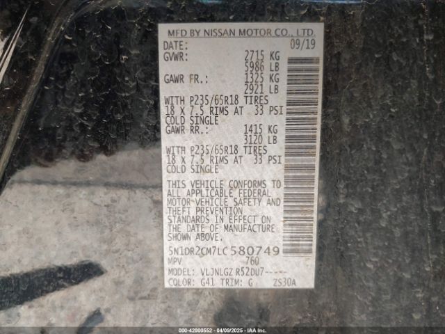 5N1DR2CM7LC580749 Nissan Pathfinder Sl 4wd