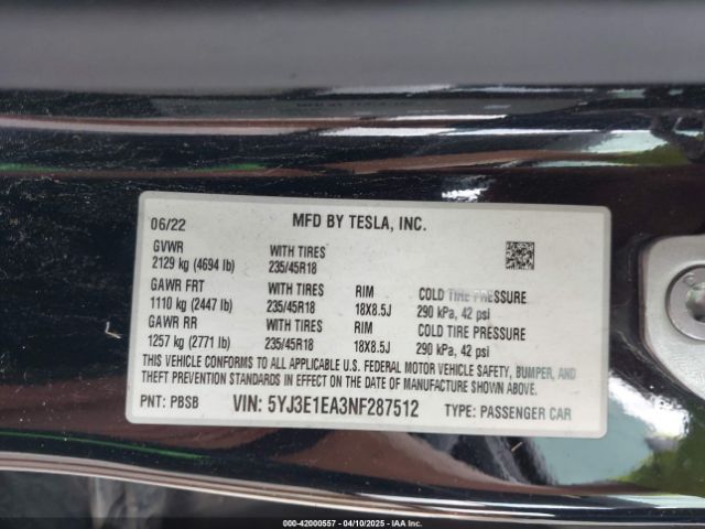 5YJ3E1EA3NF287512 Tesla Model 3 Rear-wheel Drive