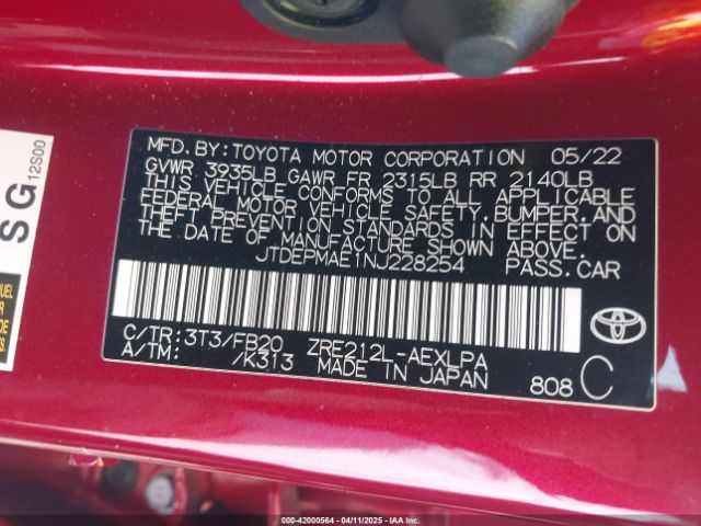 JTDEPMAE1NJ228254 Toyota COROLLA LE
