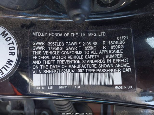 SHHFK7H62MU411007 Honda CIVIC EX