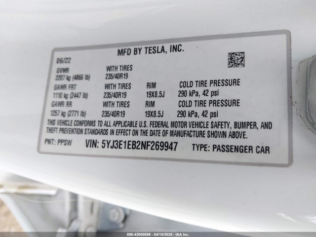 2022 TESLA MODEL 3 5YJ3E1EB2NF269947 Photo 8