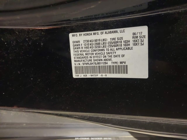 5FNRL6H78JB011284 Honda Odyssey Ex-l