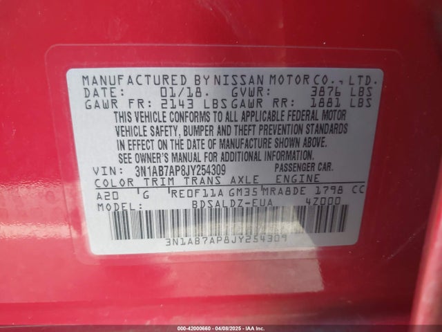 3N1AB7AP8JY254309 Nissan SENTRA SV