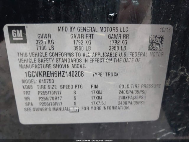 1GCVKREH6HZ140208 Chevrolet Silverado 1500 1lt