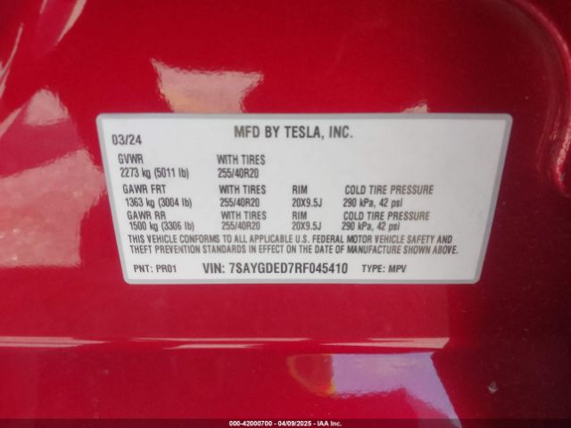 2024 TESLA MODEL Y 7SAYGDED7RF045410 Photo 8
