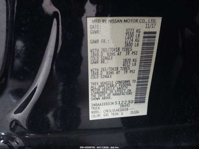 1N6AA1E63JN512230 Nissan TITAN SV