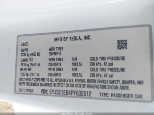 5YJ3E1EB4PF632512 Tesla Model 3 Long Range Dual Motor All-wheel Drive