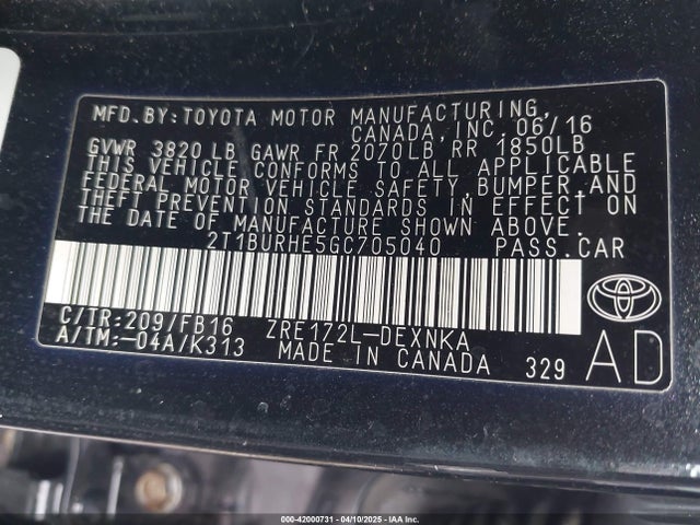2T1BURHE5GC705040 Toyota COROLLA LE