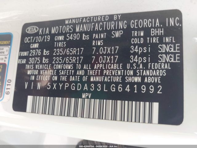 5XYPGDA33LG641992 KIA Sorento 2.4l Lx