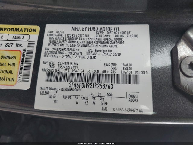 3FA6P0H92JR258763 Ford FUSION SE