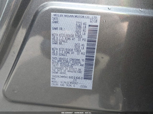 5N1DR2MM9KC601663 Nissan Pathfinder Sl