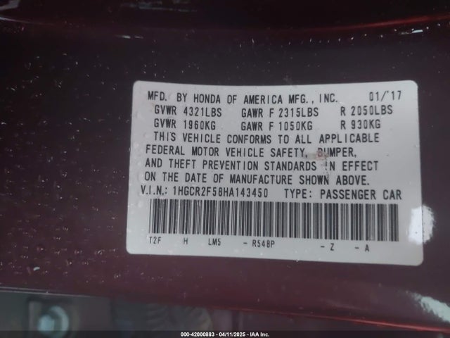 1HGCR2F58HA143450 Honda Accord Sport