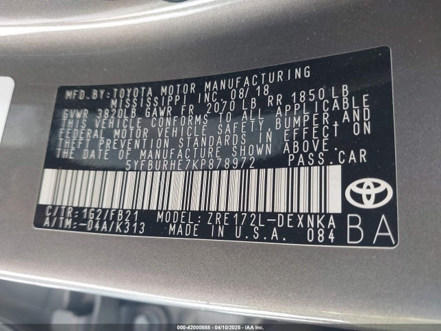 5YFBURHE7KP878972 Toyota COROLLA LE