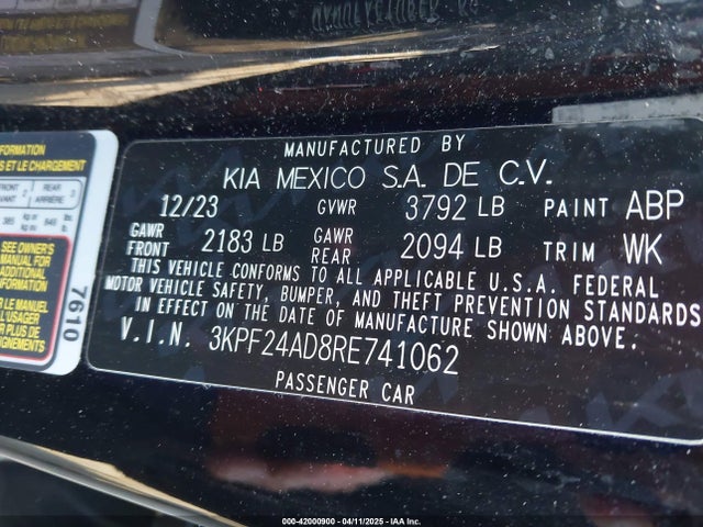 3KPF24AD8RE741062 KIA Forte Lxs