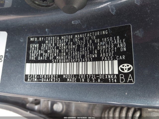 5YFBURHE6KP934951 Toyota COROLLA LE