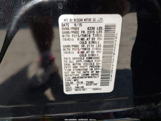 JN8AS5MT9FW667417 Nissan Rogue Select S