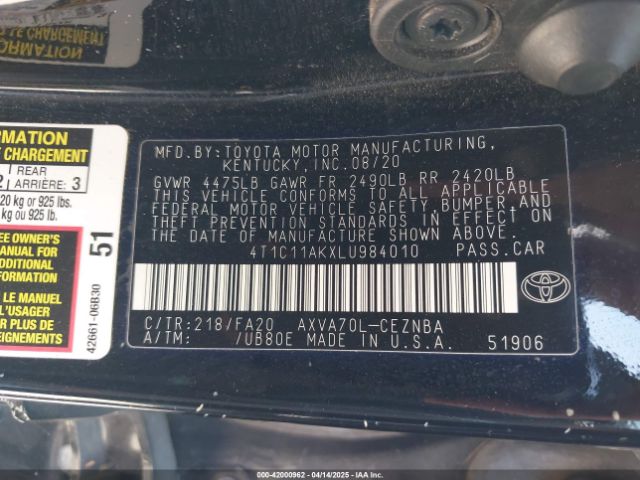4T1C11AKXLU984010 Toyota CAMRY LE