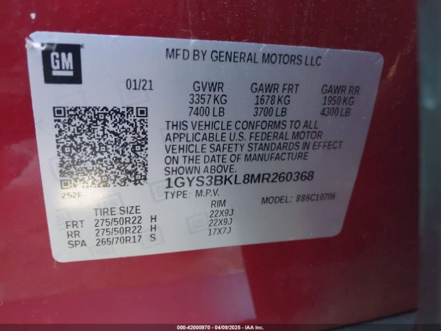 1GYS3BKL8MR260368 Cadillac Escalade 2wd Premium Luxury