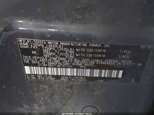 2T3RFREV7JW737143 Toyota 2ar-fe