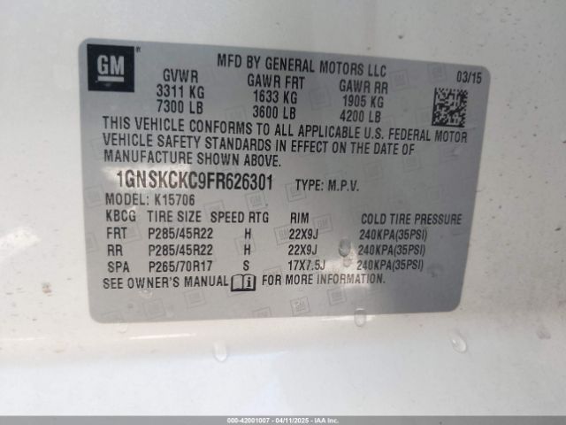 1GNSKCKC9FR626301 Chevrolet Tahoe Ltz